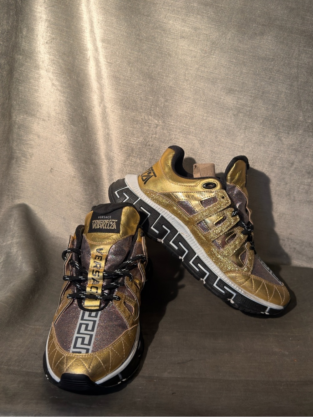 Versace Trigreca Gold Glitter Sneaker. Size 40.5 EU - 9.5. Made In Italy. COA